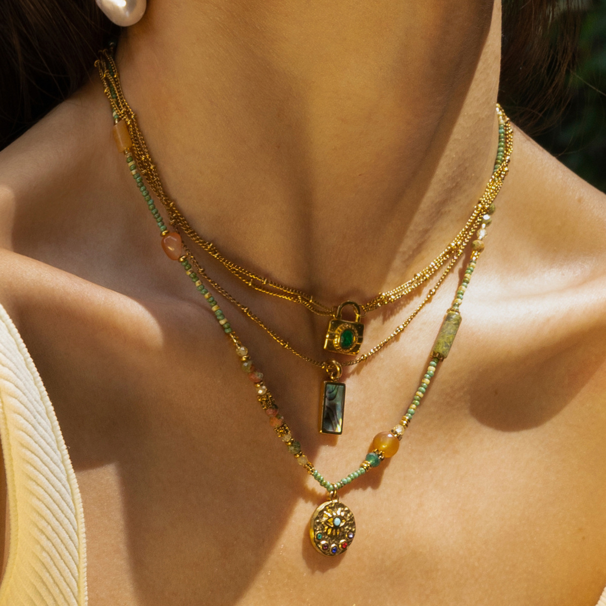 Taena, cerradura de acero inoxidable europea y americana, collar de múltiples capas, cuentas hechas a mano, cadena de clavícula de circón natural, joyería transfronteriza