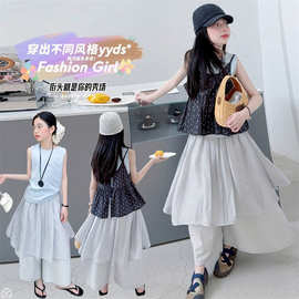 2026女童网纱假两件裤裙裤2026夏季新款宽松碎花T恤上衣套装跨境