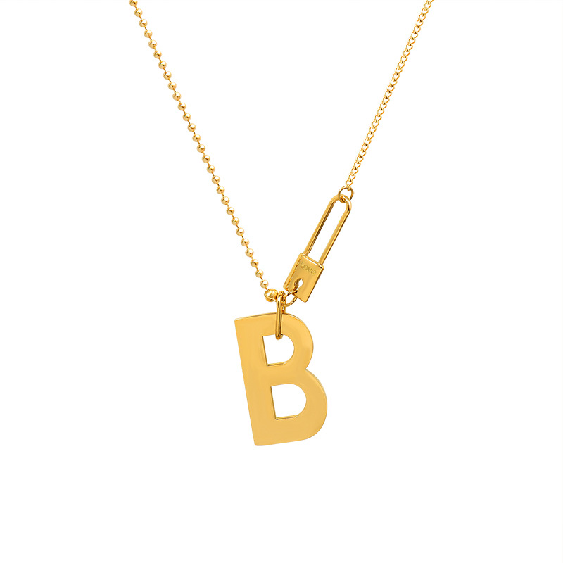 ins cold wind exaggerated letter B stitching pin lock necklace titanium steel plated real gold letter clavicle chain_voghion.com