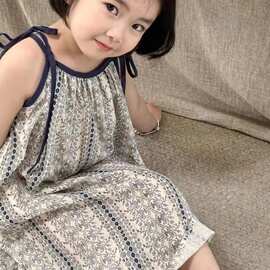2026夏季新品韩国童装韩版系带儿童可爱碎花宽松女童连衣裙中长款