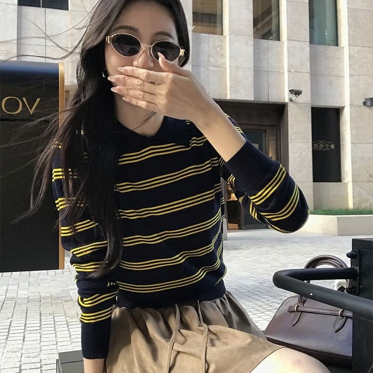 美式撞色条纹polo衫长袖针织衫女2025秋冬款韩系宽松复古通勤上衣|undefined