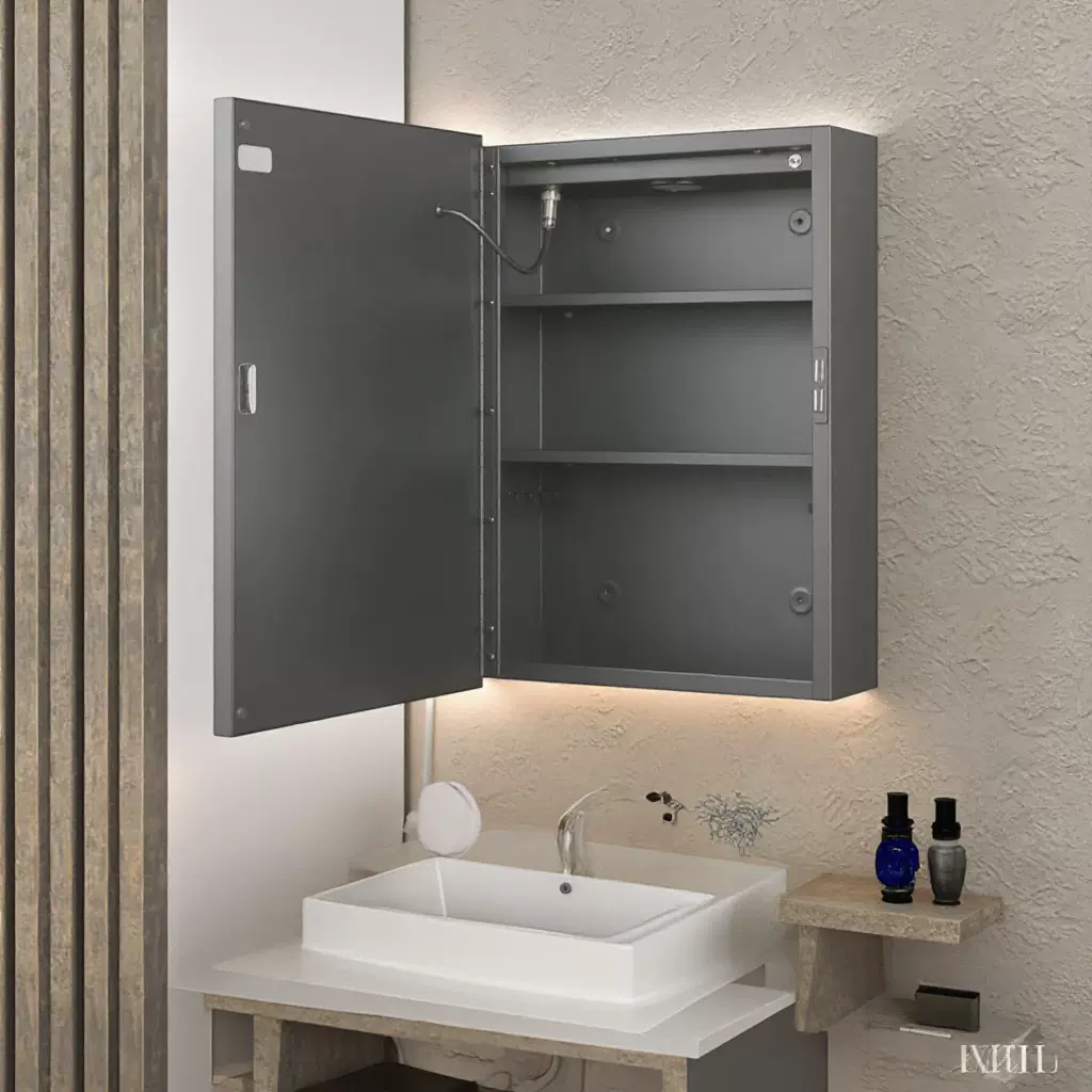 热销工厂批发黑色铁镜柜带灯steel 浴室镜柜LED储物功能金属柜子