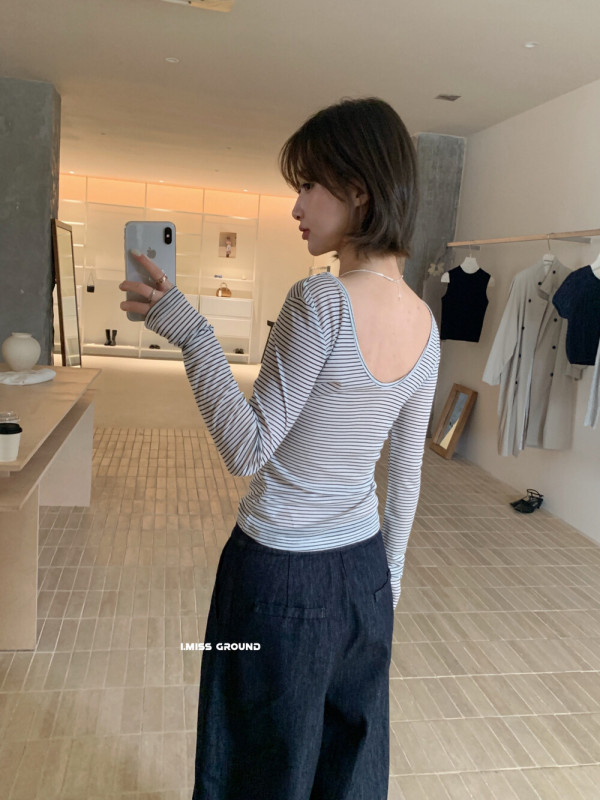 imiss条纹长袖T恤女2025秋季新款露背修身显瘦设计感小众打底衫|undefined