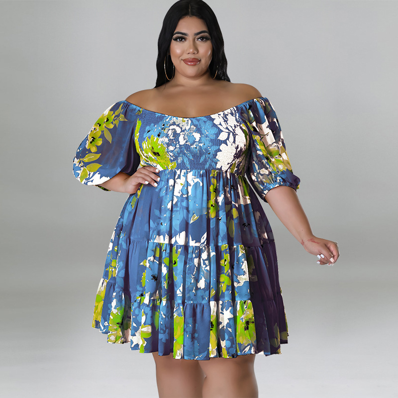 Plus Size Off Shoulder Floral Dress With Puff Sleeves, Flowy Swing Midi Dress For Women_ecoleips.com