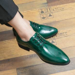 Cross-Border Large Size Amazon Men's Low-Top Casual Green Brogue Lace-Up Pointed-Toe Business Formal Young Leather Shoes