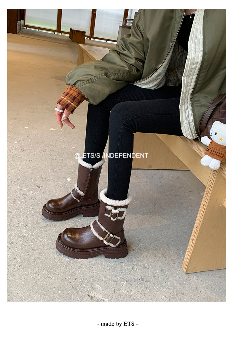 Boot tuyết nữ cổ thấp đế dày phong cách Anh, có khóa thắt lưng, lót lông ấm — màu đen chi tiết 26