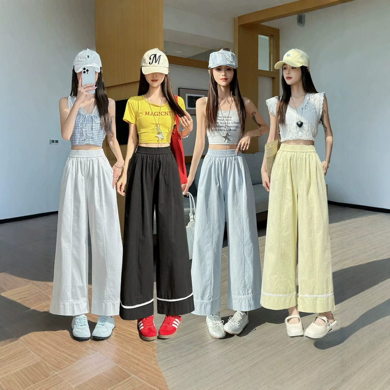 Ice Silk Wide-Leg Pants for Women, Summer Thin High-Waisted Slimming Lace-Trimmed Loose Splicing Drapey Straight-Leg Cropped Casual Pants