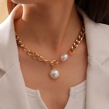 NZ2246奈珠创意朋克嘻哈风项饰 个性金属链条珍珠拼接项链锁骨链
