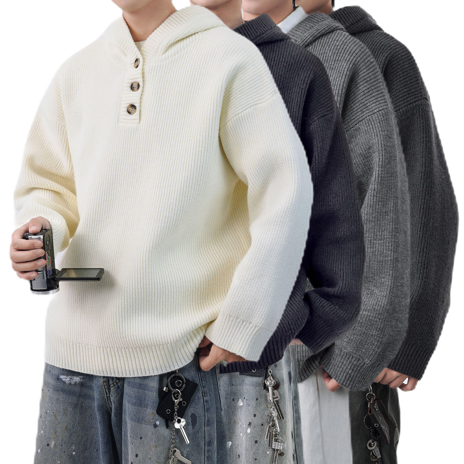 Explosiones transfronterizas de tamaño europeo suéter de punto con capuzas hombre flojo viento medio abierto botón fábrica de marea al por mayor