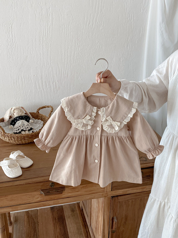 女の子の秋の薄いコート、春と秋の薄い子供服、子供用のスタイリッシュなプリンセススカート、女の赤ちゃんのレトロな人形の襟のトップス|undefined