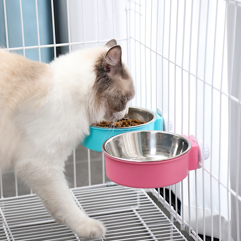 Suministro directo transfronterizo para mascotas de color caramelo de acero inoxidable cuenco para perros jaula colgante para mascotas tazón de comida para gatos colgante de acero inoxidable cuenco colgante