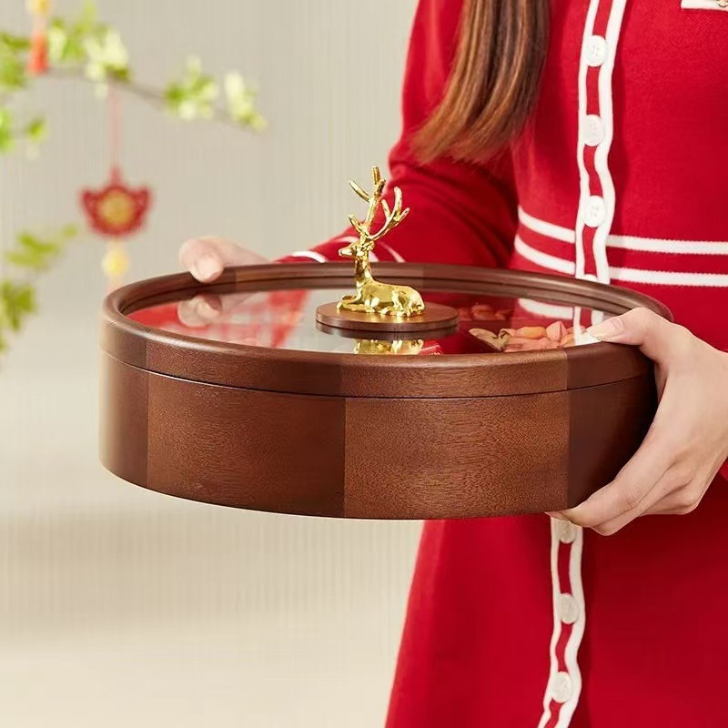 Madera sólida de lujo ligera bandeja de frutas secas caja de dulces de estilo chino caja de almacenamiento de nueces mesa de té de sala de estar casera bandeja de almacenamiento de bocadillos de madera