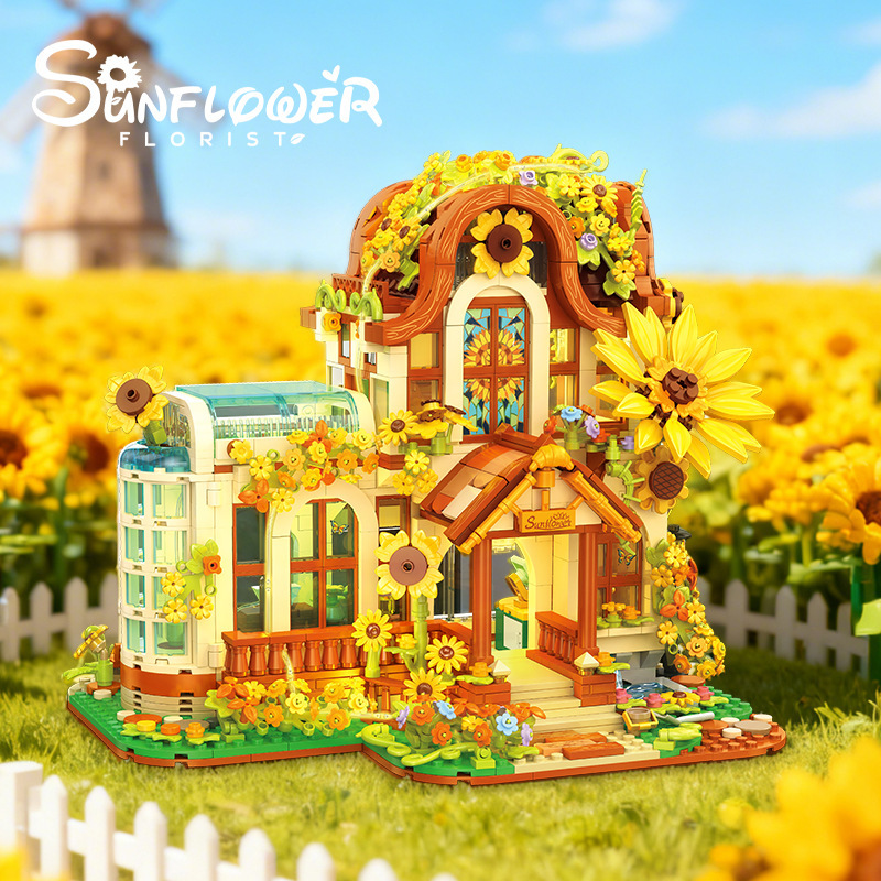 JJ9204 bloques de construcción de la calle de la ciudad flores sol girasol con iluminación edificio de ensamblaje juguetes adornos