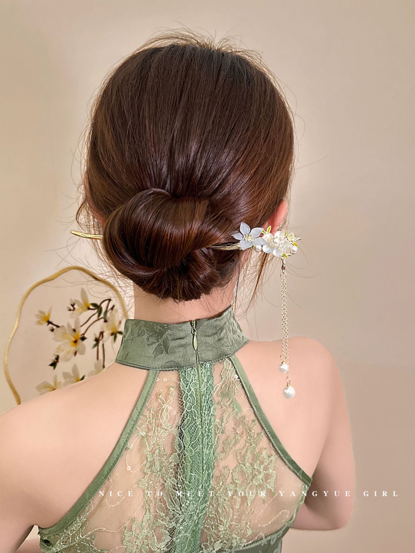 Peach blossom tassel hairpin women's new Chinese cheongsam Hanfu hairpin back head ancient style high-grade updo hair accessories