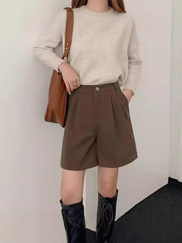 Women's Vintage High-Waist Wool Blazer Pants Loose Straight Leg Wide Leg Pants Suit Pants Shorts New Autumn/Winter Wholesale