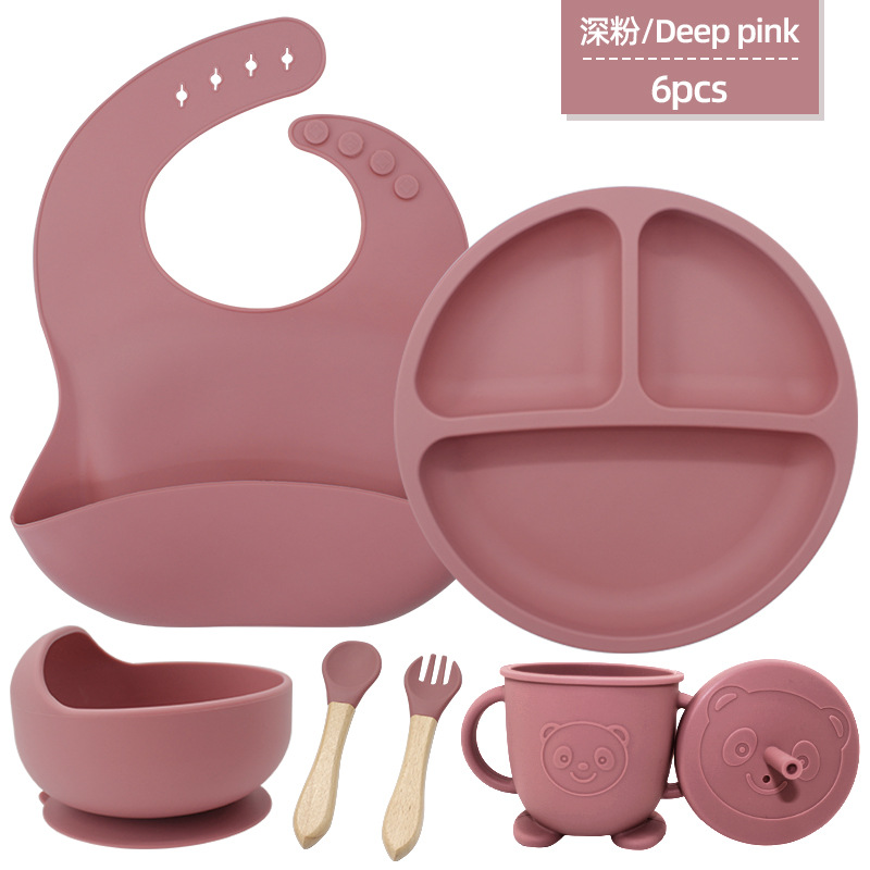 Juego de seis piezas de vajilla de silicona para niños, vajilla de alimentación para bebés para niños, tenedor, cuchara, ventosa, bolsa de arroz, taza de agua