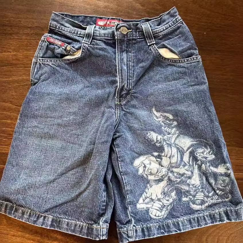 Personalisierte Graffiti-Drucke, amerikanische Retro-Street-Denim-Shorts, lässig, locker und verwaschen, Fünf-Punkt-Hose, mittlere Passform_voghion.com