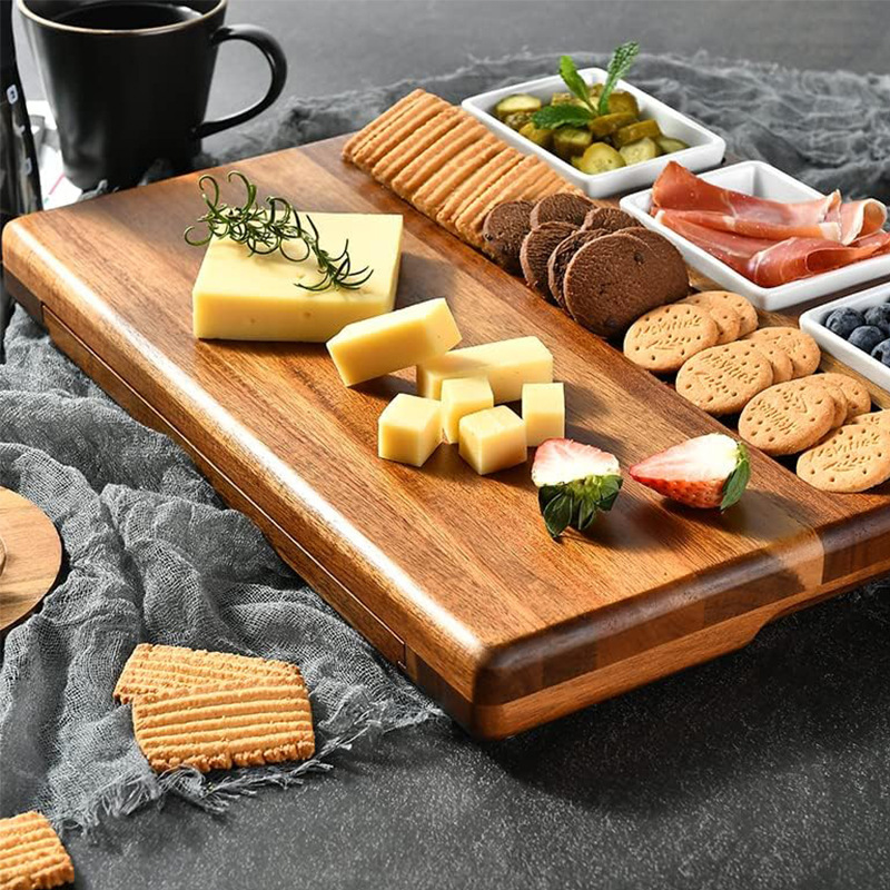 Tablero de cortar de acacia Tablero de queso de madera Tablero de queso portátil con combinación de cuchillo Juego de picnic Tablero de cortar para acampar