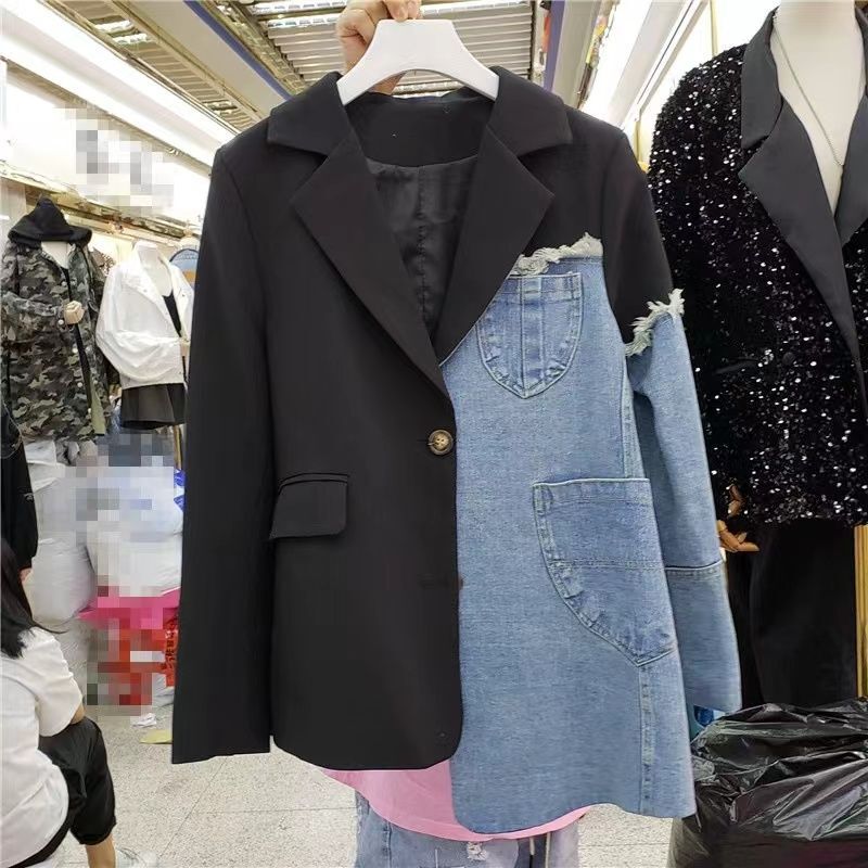 Women's Small Blazer Design Spring and Autumn New Korean Style Denim Irregular Splicing Personality Loose