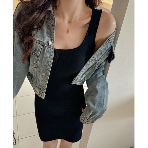 Cotton-lined bodysuit A-line skirt grey knit spaghetti strap dress hot girl sexy high-end temperament slimming dress