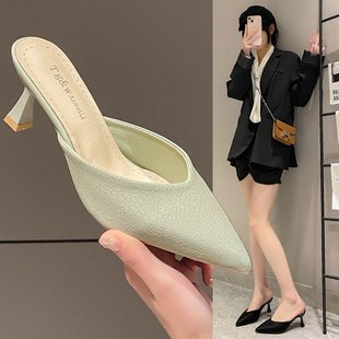 High-heeled sandals and slippers women's 2023 spring and summer New pointed fashion wear thin heel Baotou half slippers women's shoes wholesale