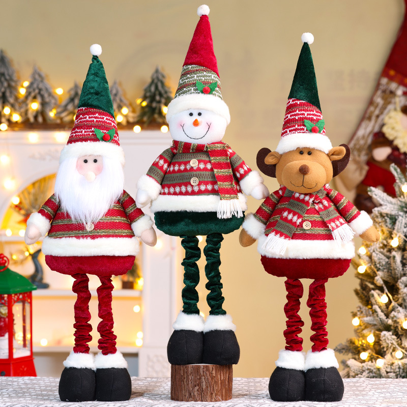 新款圣诞节伸缩公仔装饰品圣诞条纹装饰摆件老人雪人麋鹿批发