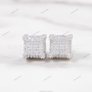 European and American Hip-Hop Earrings, Classic Square, Same Style for Men and Women, 925 Silver Moissanite Full-Set Personalized Trendy Brand Earrings in Stock