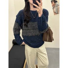 韩系穿搭慵懒软糯拼色毛衣女2025新款秋季时尚百搭针织衫别致上衣