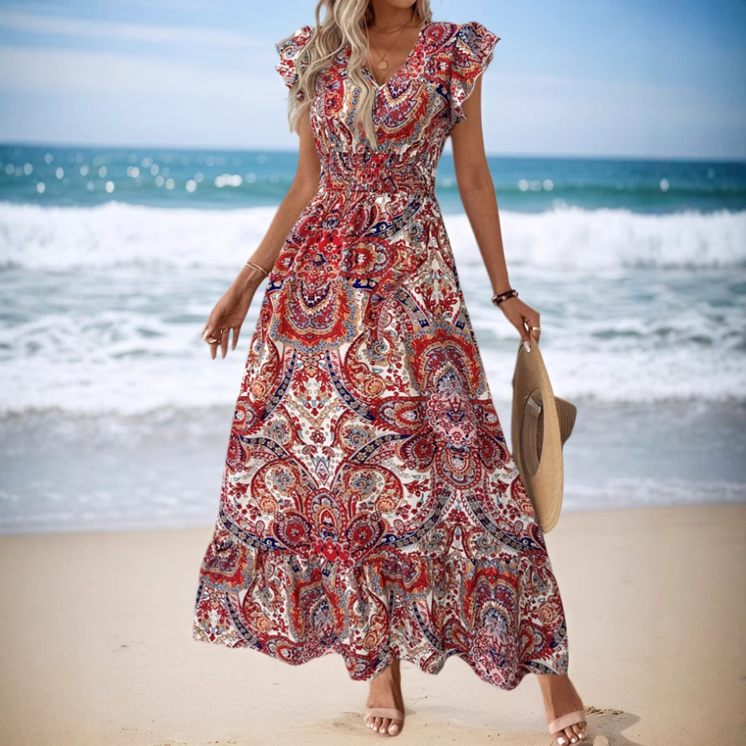 European And American Summer Bohemian Beach Vacation Style Printed Women's Cross-Border Waist-Cinching Long Dress_ecoleips.com