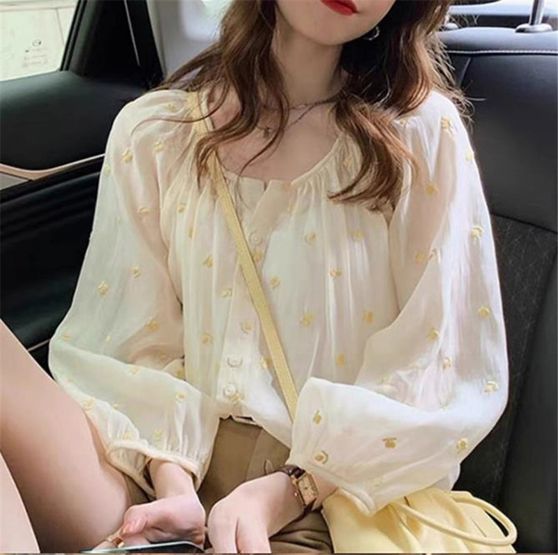 Lantern Sleeve Embroidered French High-end Ice Silk Chiffon Shirt Women's Summer Sunscreen Shirt Small Fresh Sweet Top Blouse
