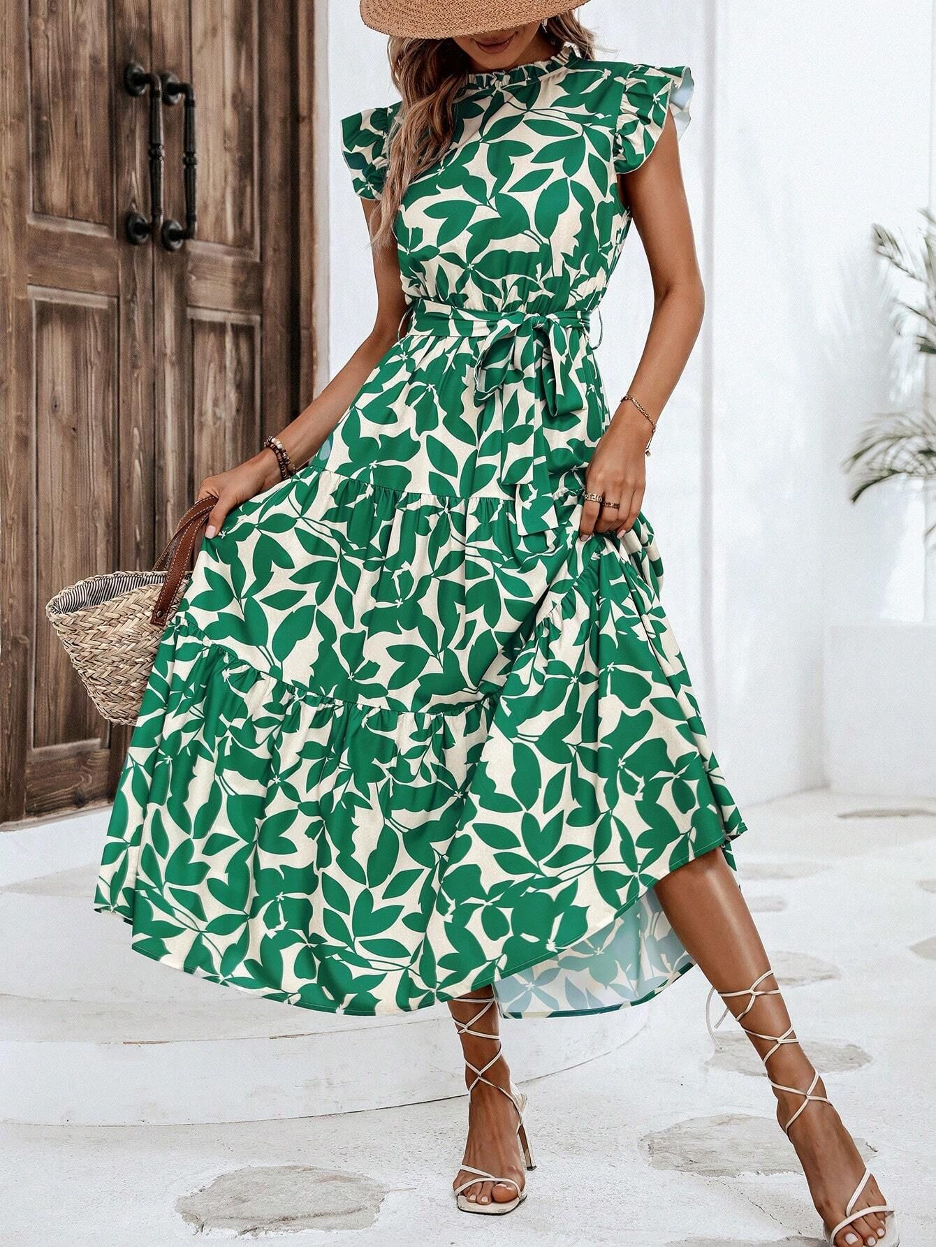 350g Weight Midi Dress Dress Length Type Sleeveless Sleeve Length Swing Dress Dresses Type Flounce Sleeve Sleeve Type Polyester Fabric Type High Waist Waist Line Holiday, Daily Occasion Standing Collar Neckline Slim Fit Type Leaf Pattern Summer Season Women's Gender Printing Design Elegant, Streetwear Style Wholesale Women's Elegant Streetwear Printing Leaf Holiday Daily Standing Collar Sleeveless Swing Dress 21