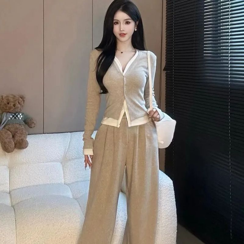 大码套装女2025春秋新款时尚设计感假两件小香风上衣阔腿裤两件套|undefined
