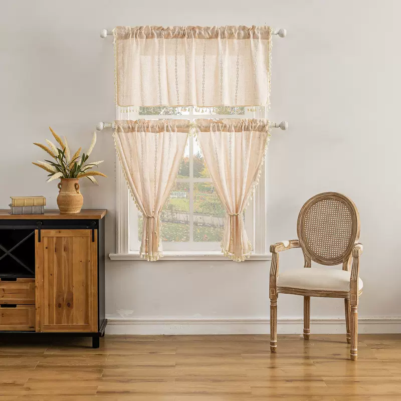 厂家直销跨境成品窗帘三件套绣花纯色厨房帘北欧风格小窗帘批发