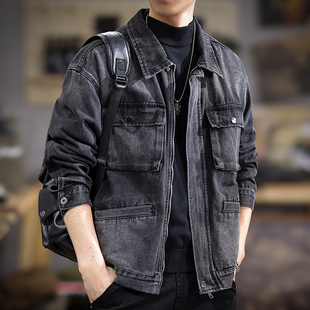 Trendy Brand Zipper Design Denim Jacket Men's Loose Large Size Lapel Top Spring New Black Jacket