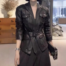 欧货2025秋新款绵羊皮真皮皮衣V领收腰显瘦工装皮夹克短款外套女