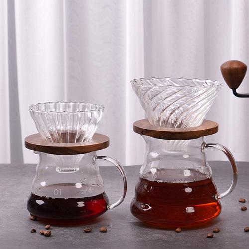 Wholesale high boron glass cloud coffee pot set walnut wood tray V60 coffee filter filter cup sharing pot