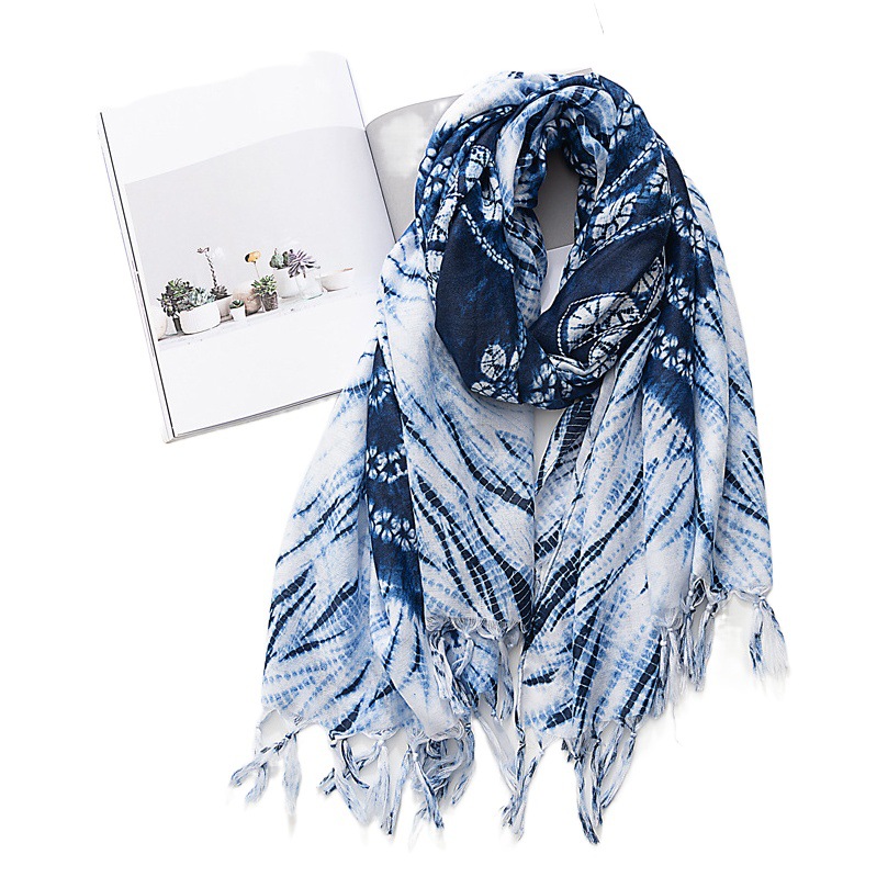 Scarf Women's Spring and Autumn Thin Cotton Blended Tie-Dye Imitation Blue Dye Batik Artistic Travel Hand Gifts Vintage Ethnic Style Shawl