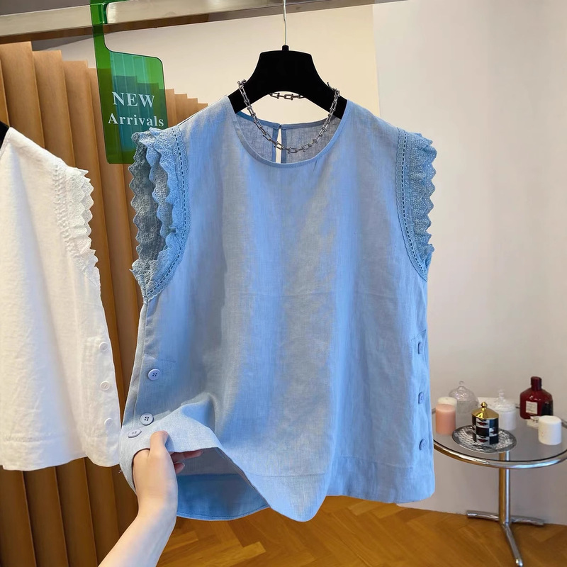 Fashion Lace Splicing Pure Cotton T-Shirt for Women 2025 Summer New Extra Large Size 150kg Loose Versatile Sleeveless Top