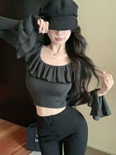 【月销10万】纯欲风荷叶边长袖T恤甜辣妹紧身短款收腰打底衫上衣