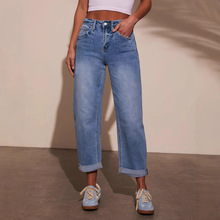 新塘牛仔之都弹力卷边牛仔裤女2025新款欧美时尚直筒裤水洗牛仔裤