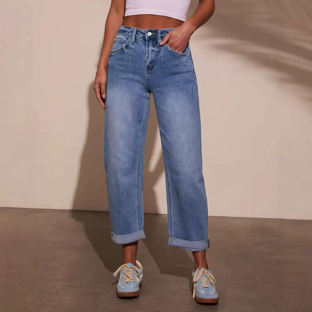 新塘牛仔之都弹力卷边牛仔裤女2025新款欧美时尚直筒裤水洗牛仔裤