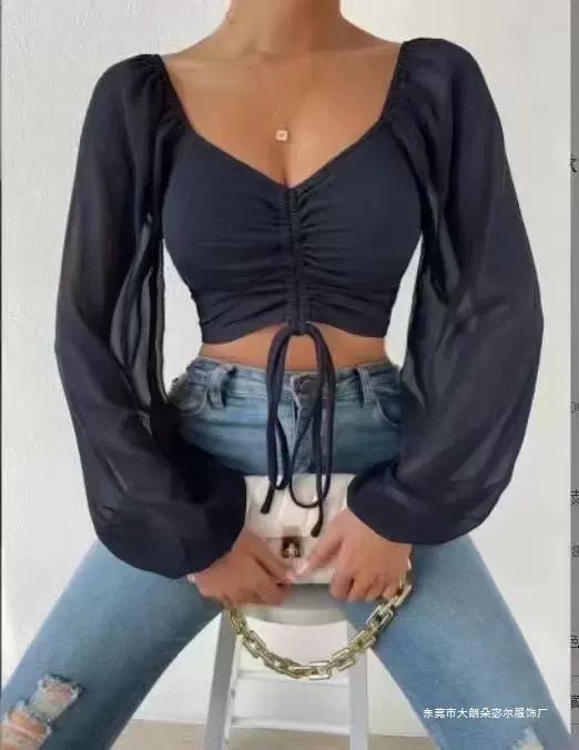 2025早春新款性感欧美风V领抽绳雪纺拼接显瘦长袖针织衫女