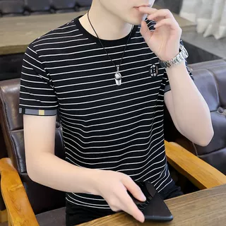 男士短袖条纹T恤打底衫圆领短袖休闲半袖青年修身潮流春夏季韩版