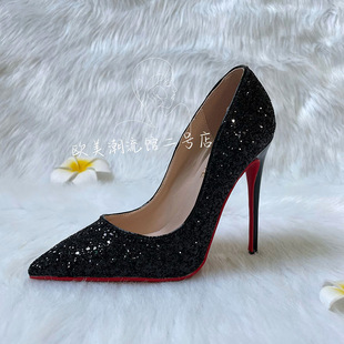 Black Red Bottom High Heels Women's Stiletto 2023 Autumn and Winter New Arrival Sequin Crystal Wedding Shoes Pointed Professional Sexy Shoes