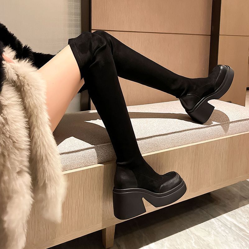 Plus-Size Over-The-Knee Boots for Women, Slimming Thigh-High Thick-Soled Boots, European and American Fashion High-Heeled Elastic Slim Boots