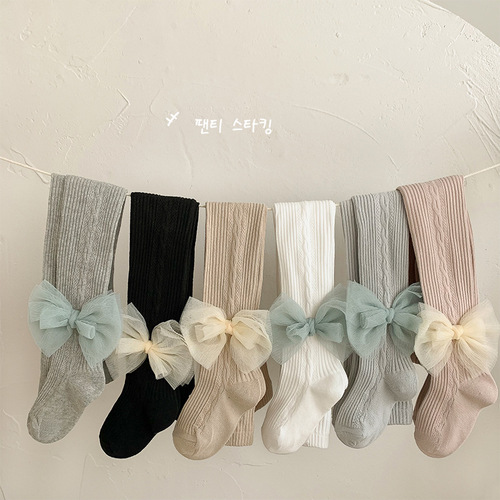 Children's pantyhose baby spring and autumn baby leggings gauze bow striped body stockings girls leggings wholesale
