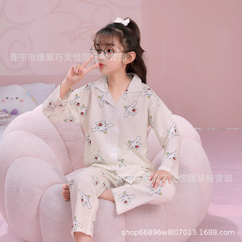 Pijama de niñas primavera y otoño dibujos animados tela espuma de tela delgada manga larga lindo ropa para niños de tamaño medio y grande ropa para el hogar