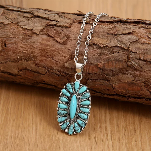 Cross-Border European and American Western Ethnic Style Inlaid Natural Turquoise Pendant Necklace Retro Exaggerated Turquoise Short Style