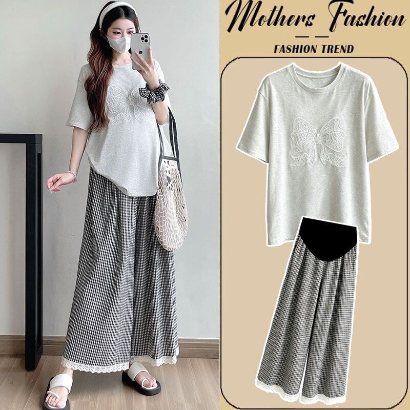 Maternity Wear, Fashionable Summer New Style, Loose Short-Sleeved Plaid Wide-Leg Pants, Young and Beautiful Casual Outing Suit