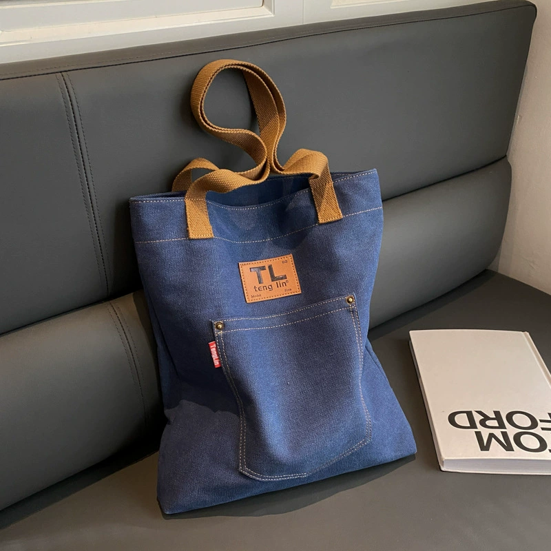 Емкая сумка через плечо из льна - модная Tote в черном, синем, хаки, слоновая кость